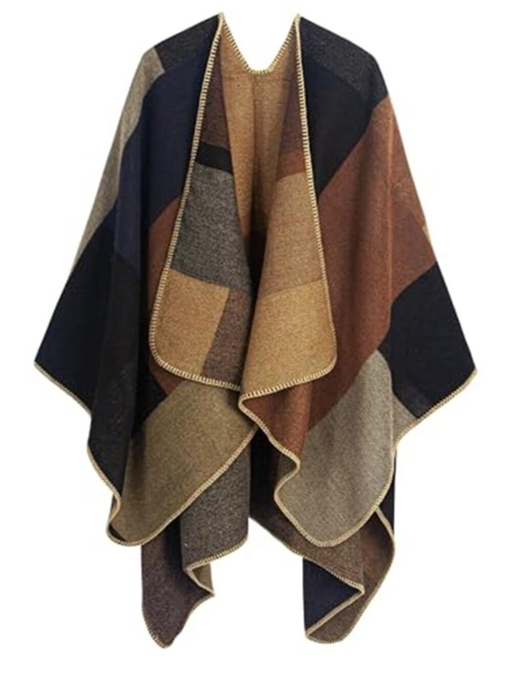 Womens Reversible Poncho Cape Shawl Wrap Oversized Open Front Tassel Sweater